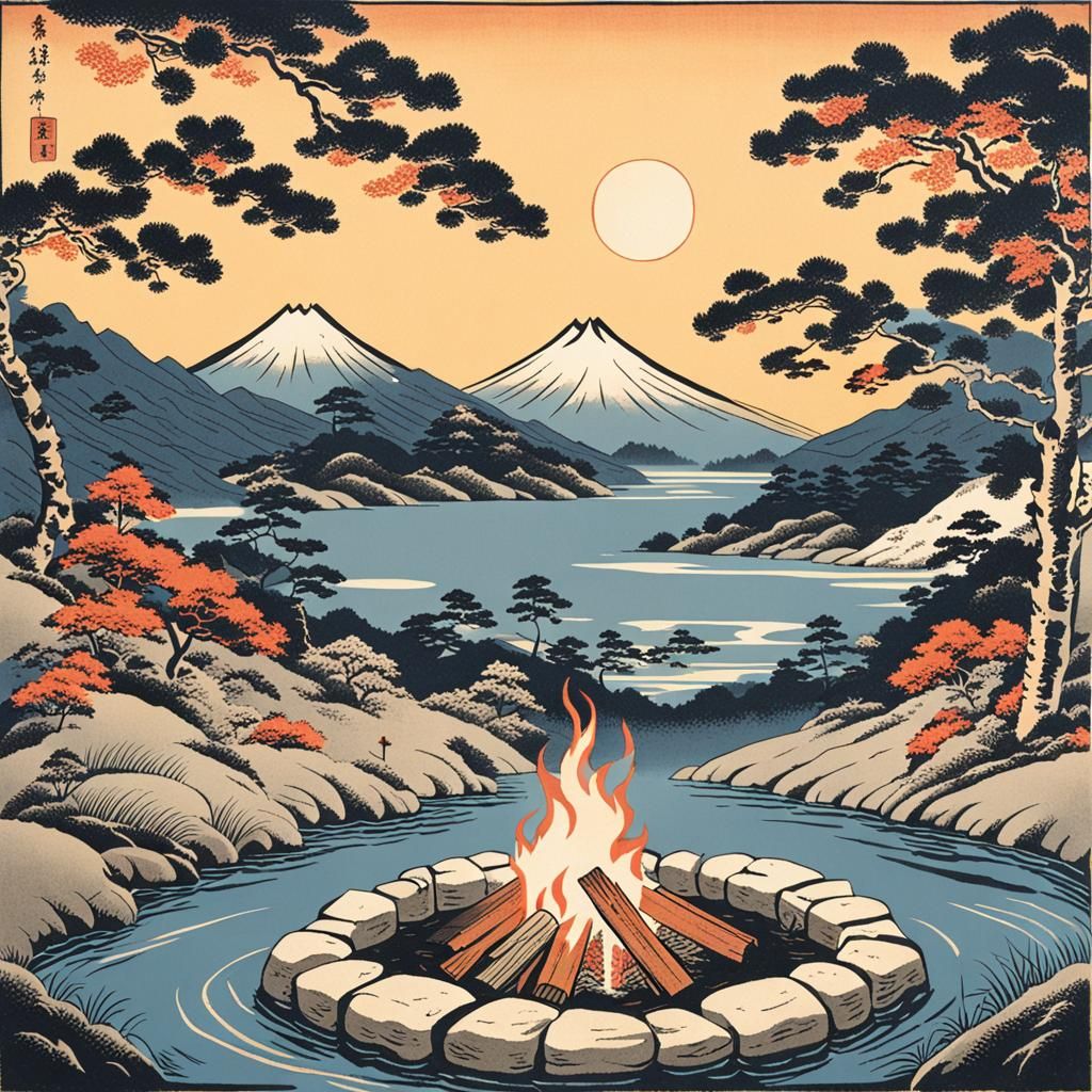 Campfire in Ukiyo-e Style