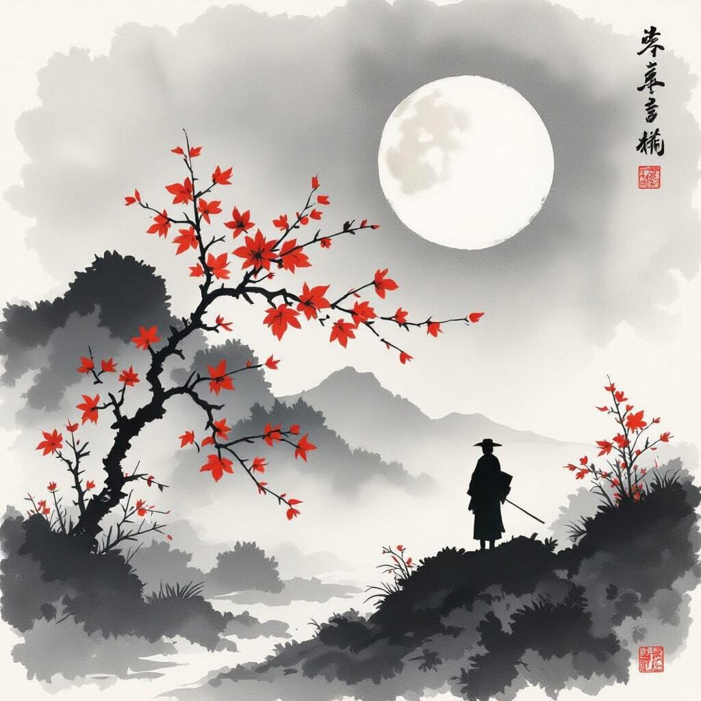 Autumn Wind and Full Moon in Japanese Minimalist Style
