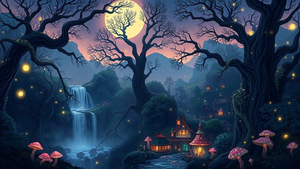 Enchanted Twilight Forest with Glowing Mushrooms and Firefli...