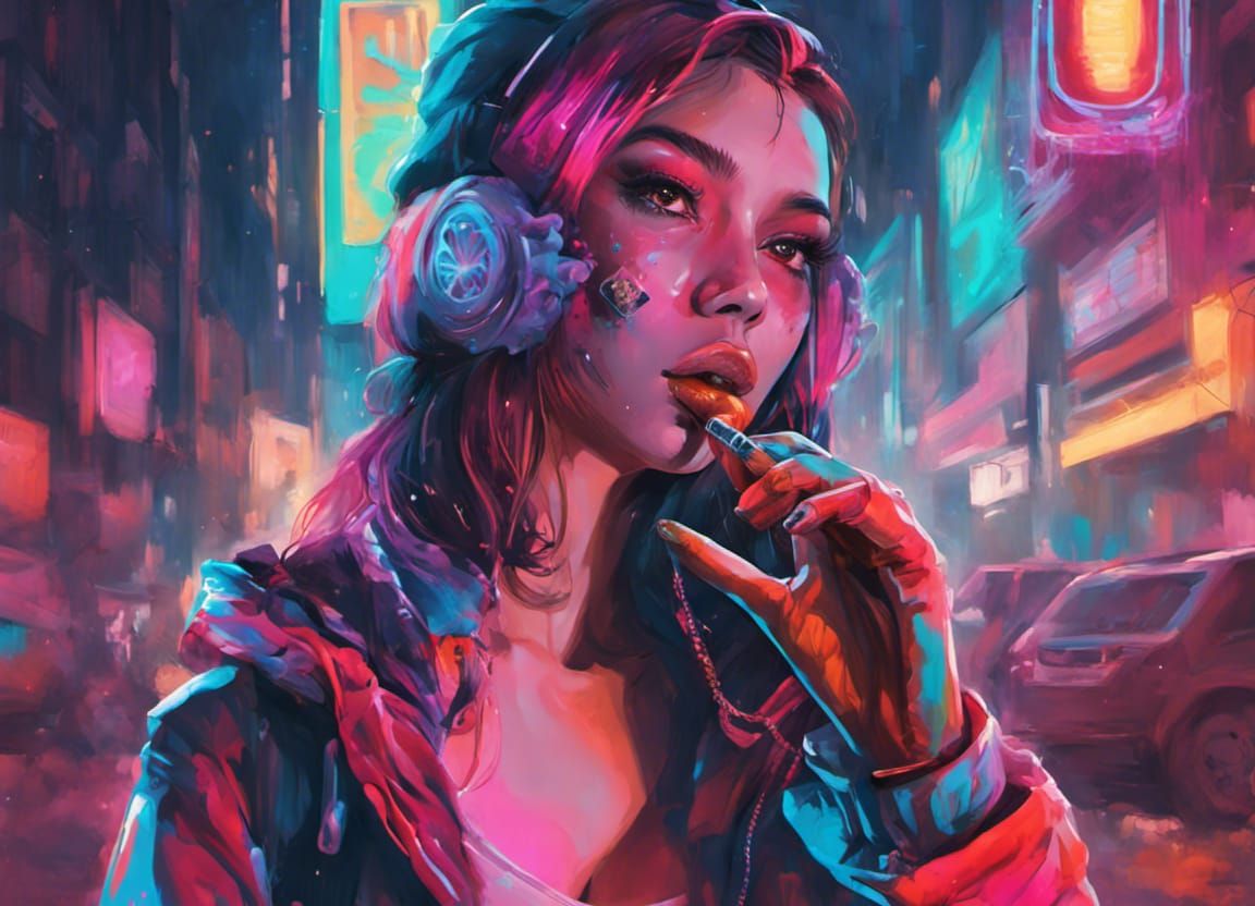 Futuristic Girl Smoking Cigar in Neon Street Art