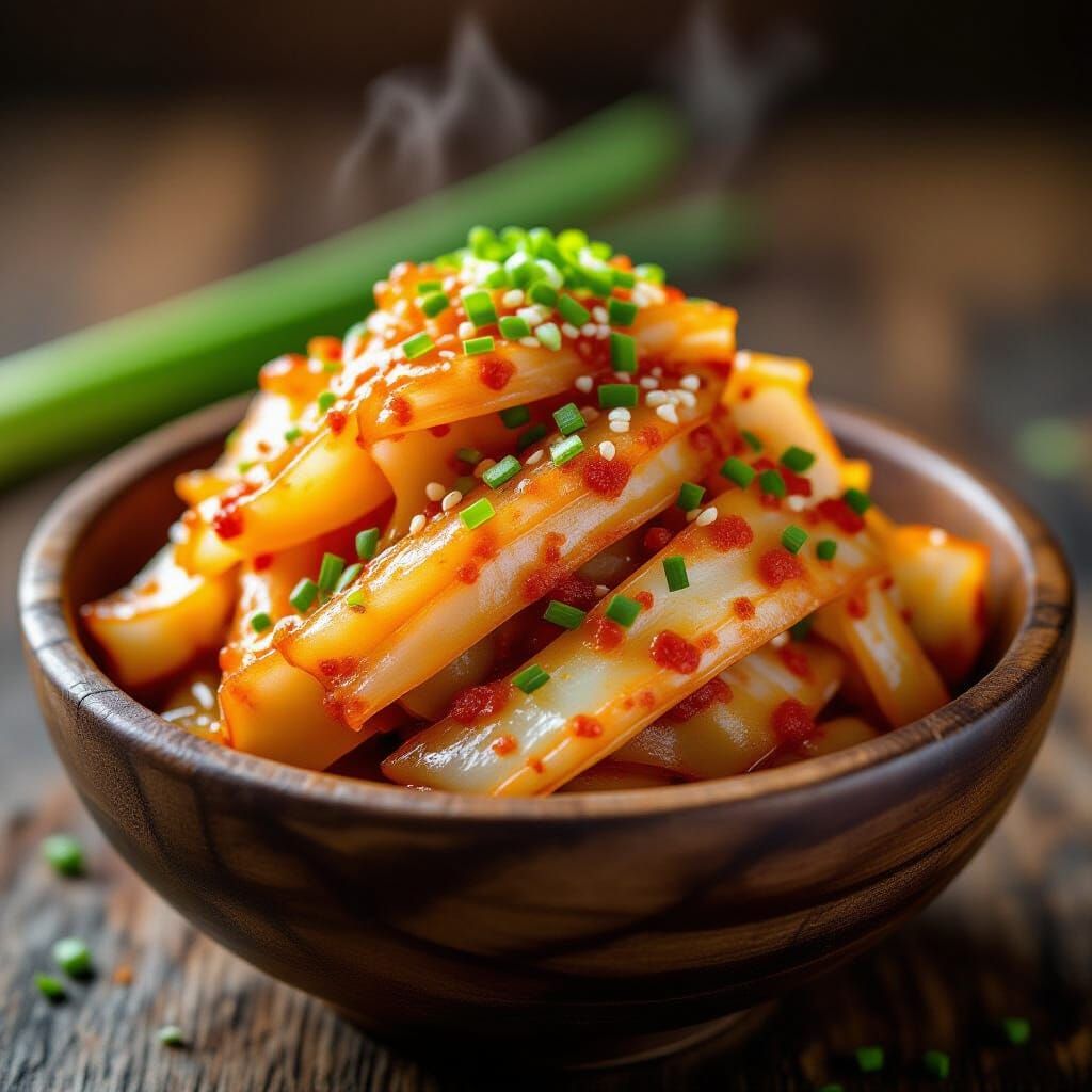 Spicy Fermented Kimchi in Rustic Bowl - Photorealistic Macro