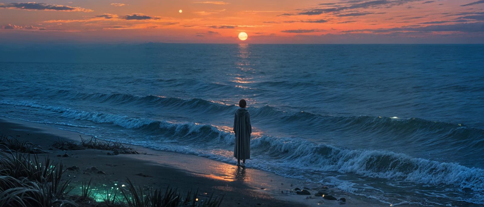 Solitary Figure on Ocean at Twilight, Cinematic Hyperrealism