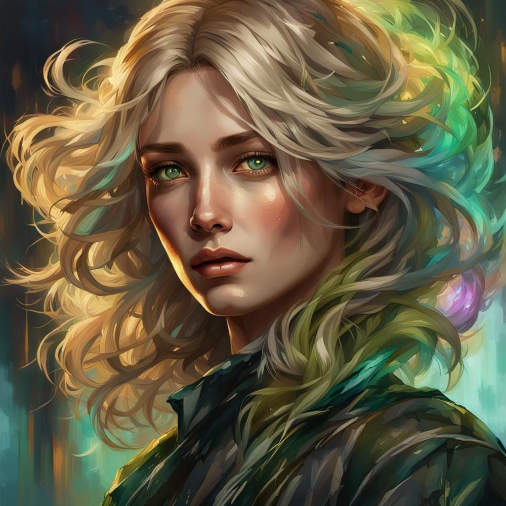 Blonde Woman Portrait with Flowing Hair, Digital Art