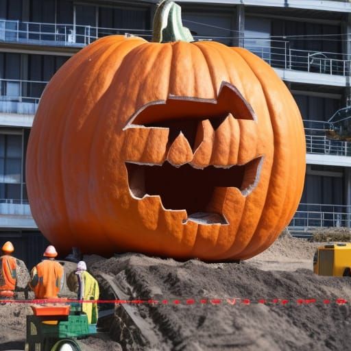 Giant pumpkin on construction site.