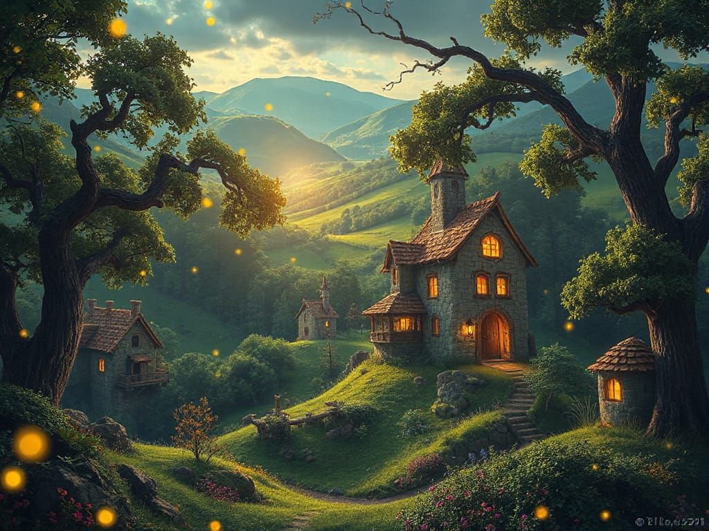 Mystical Village in Lush Forest, Dreamy Illustration