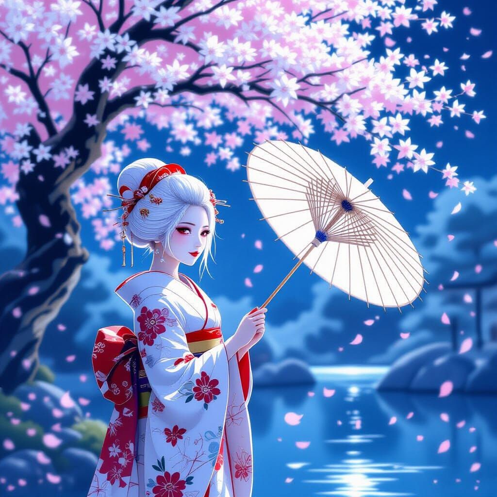Geisha Under Silver Cherry Blossom Tree in Dreamy Style