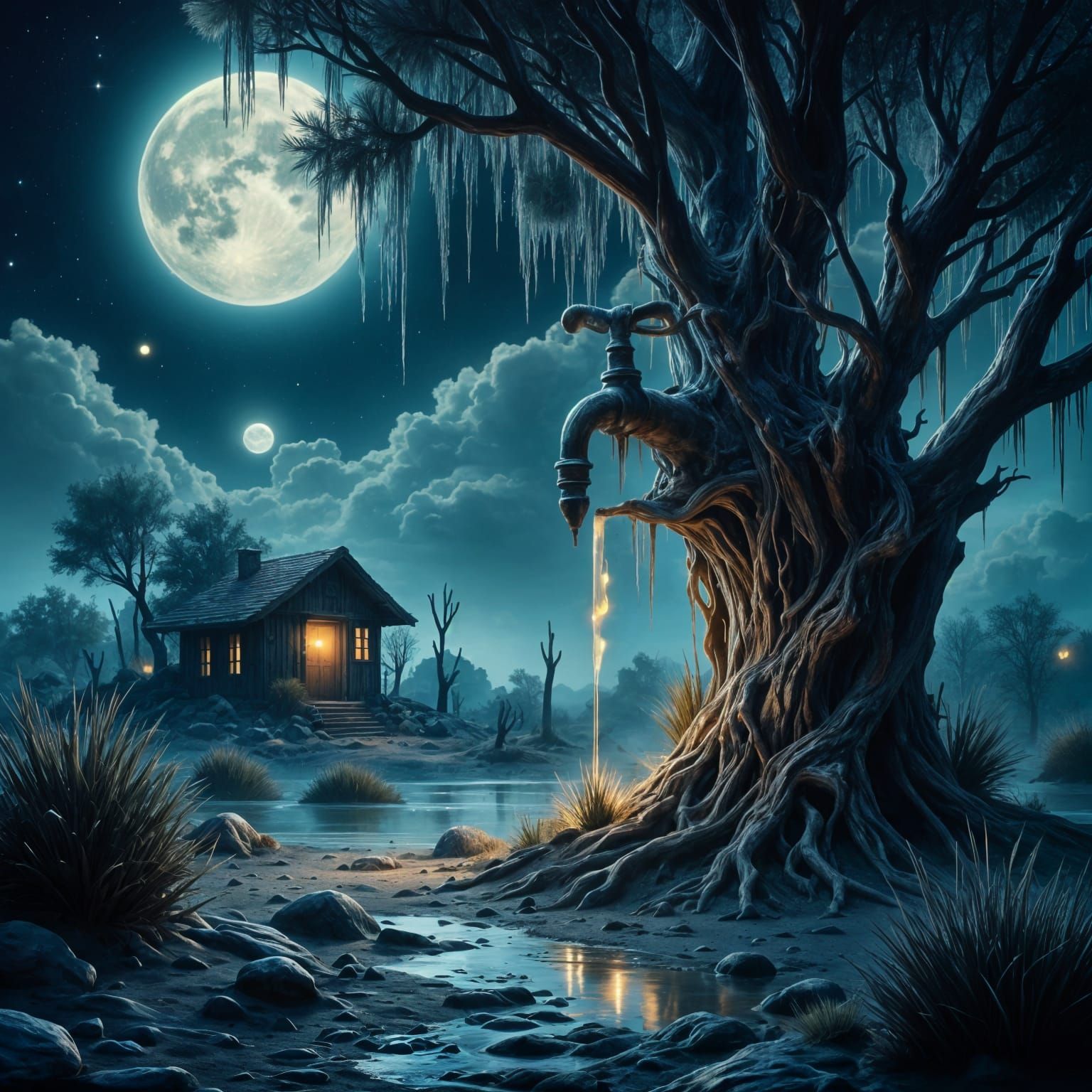 Dreamlike Moonlit Oasis in Arts and Crafts Style