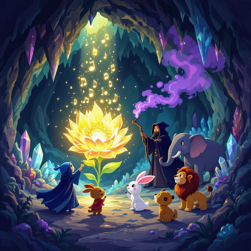 Magical Cave Scene: Golden Flower vs Shadowy Figure