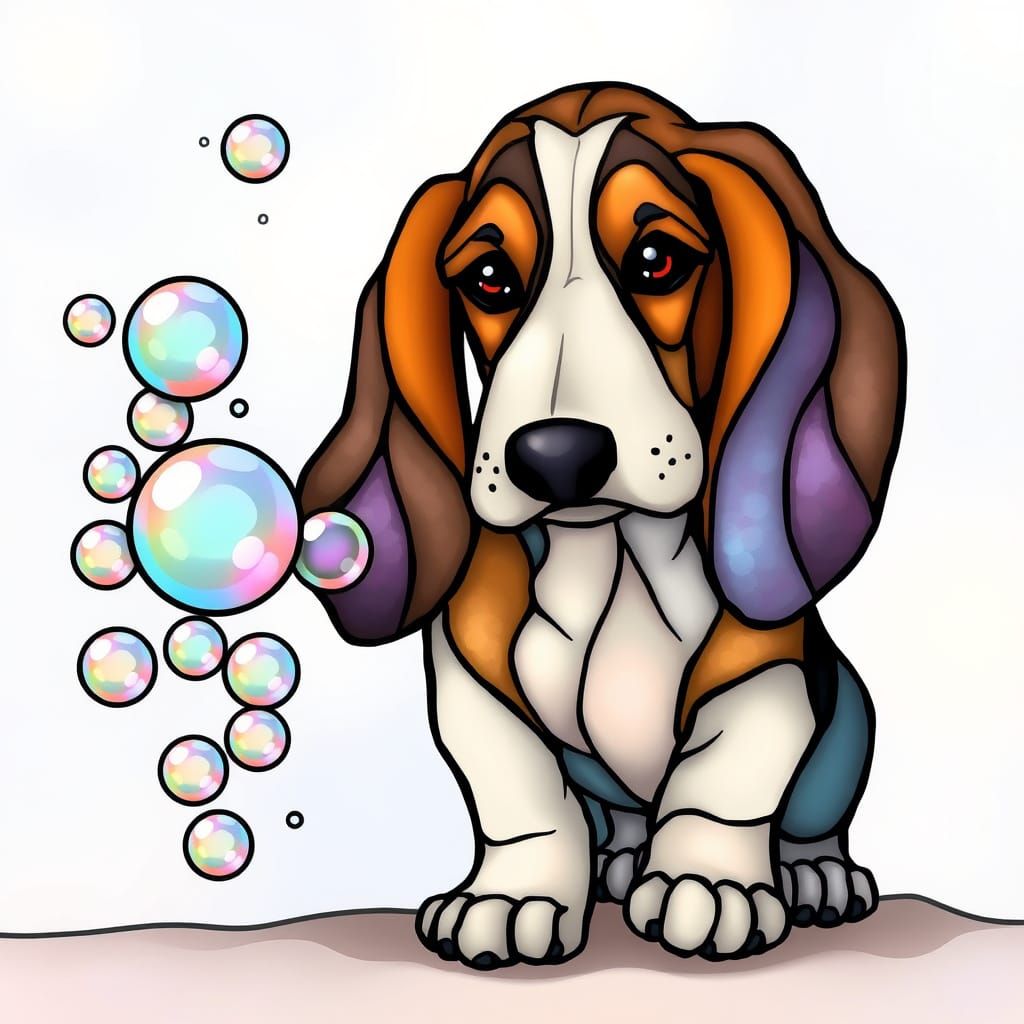 Basset Hound Chasing Bubbles in Stained Glass Style