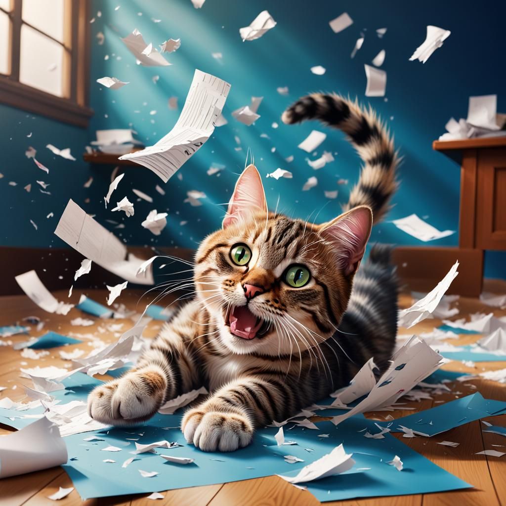 Hyperrealistic Cat Shredding Paper