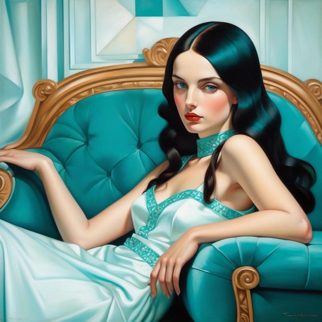 Girl in turquoise, Tamara de Lempicka style, era 1920s