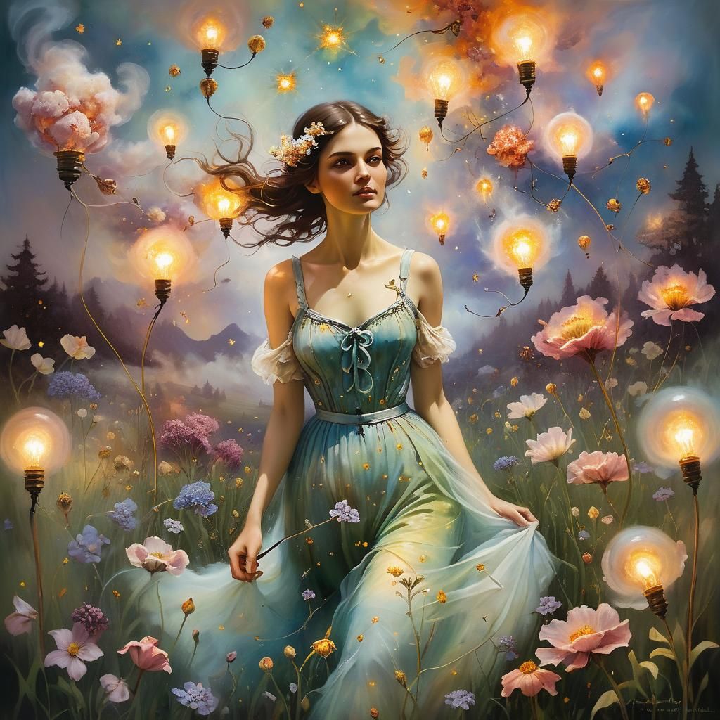 Encaustic Painting: Lady in Flower Field, Ethereal Fantasy