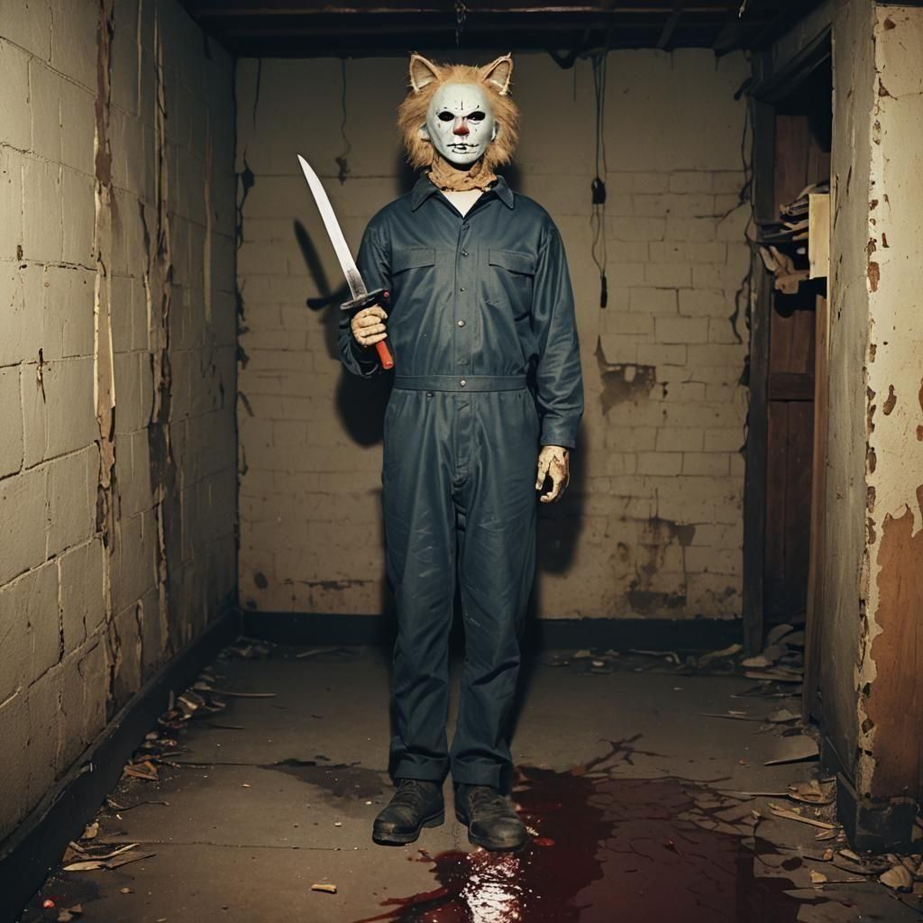 Cat-Headed Michael Myers in a Dirty Basement