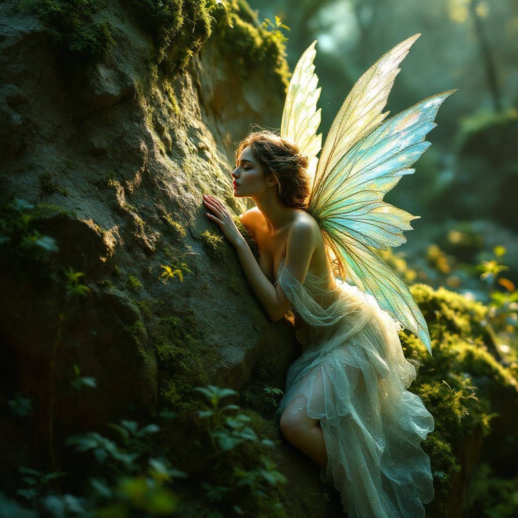 Fairy Merging With Mossy Boulder, Cinematic Fantasy Art