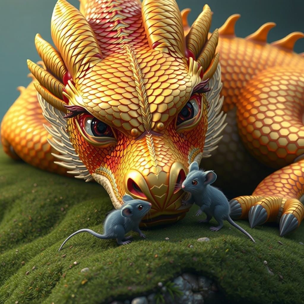 On a small hill a Golden Dragon is laying down with its' head resting on the ground. Its' large red eyes are looking dir...