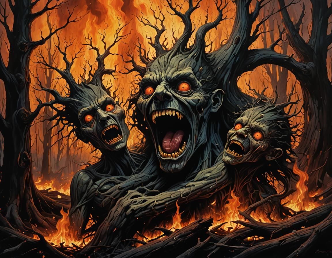 Tree Family in Forest Fire: Surreal Gothic Portrait