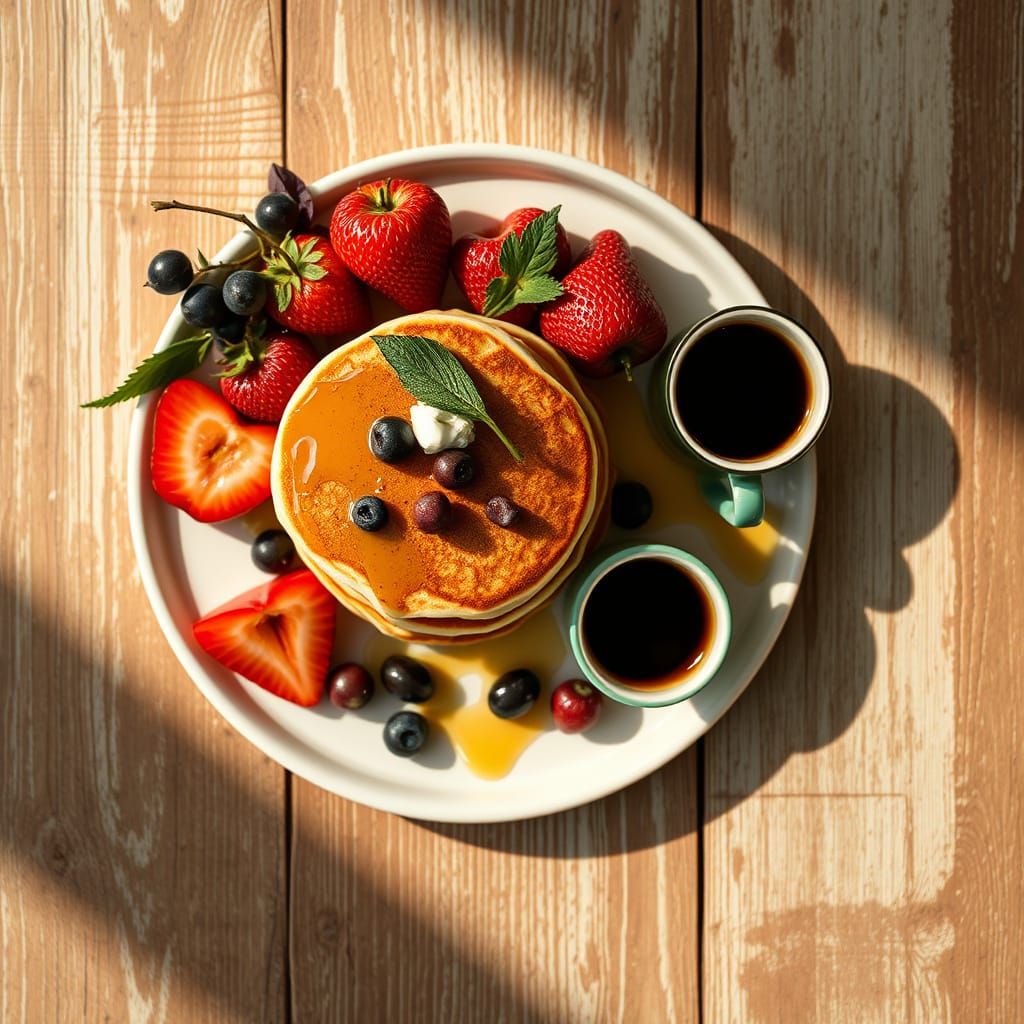 Rustic Breakfast Scene with Fluffy Pancakes and Vibrant Frui...