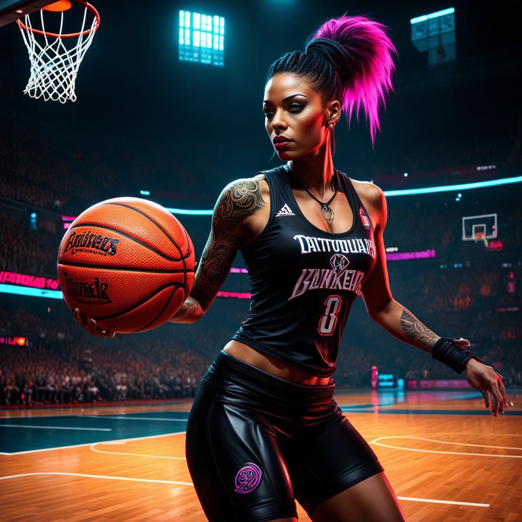 Gothic Tattooed Woman Plays Basketball at Night