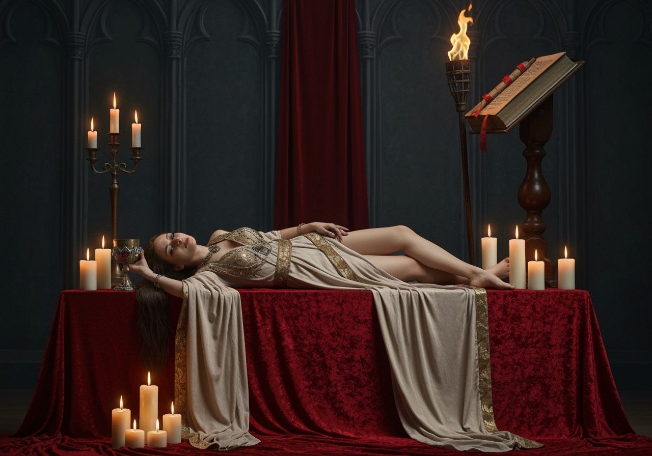 Mystical Woman in Gothic Setting with Ancient Tome