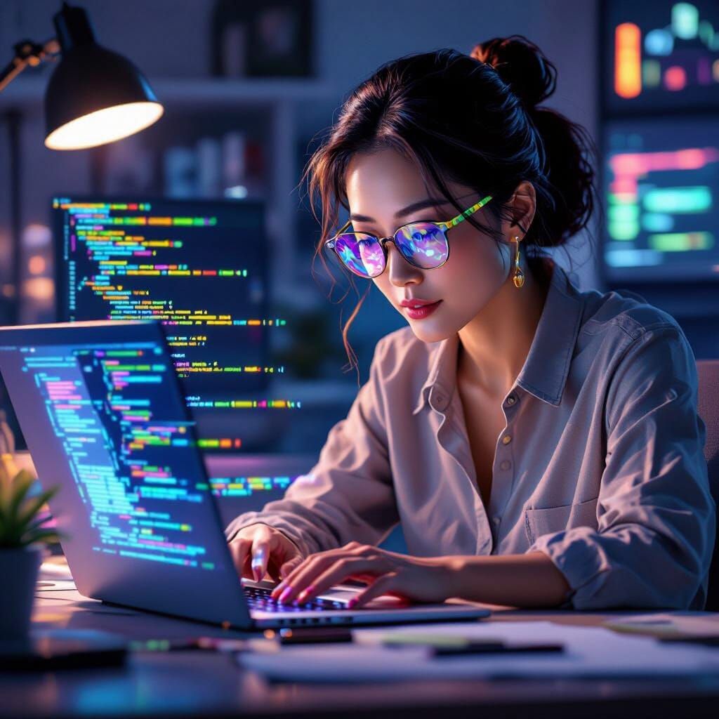 Asian Woman Codes SEO App with Colorful Vibe Code