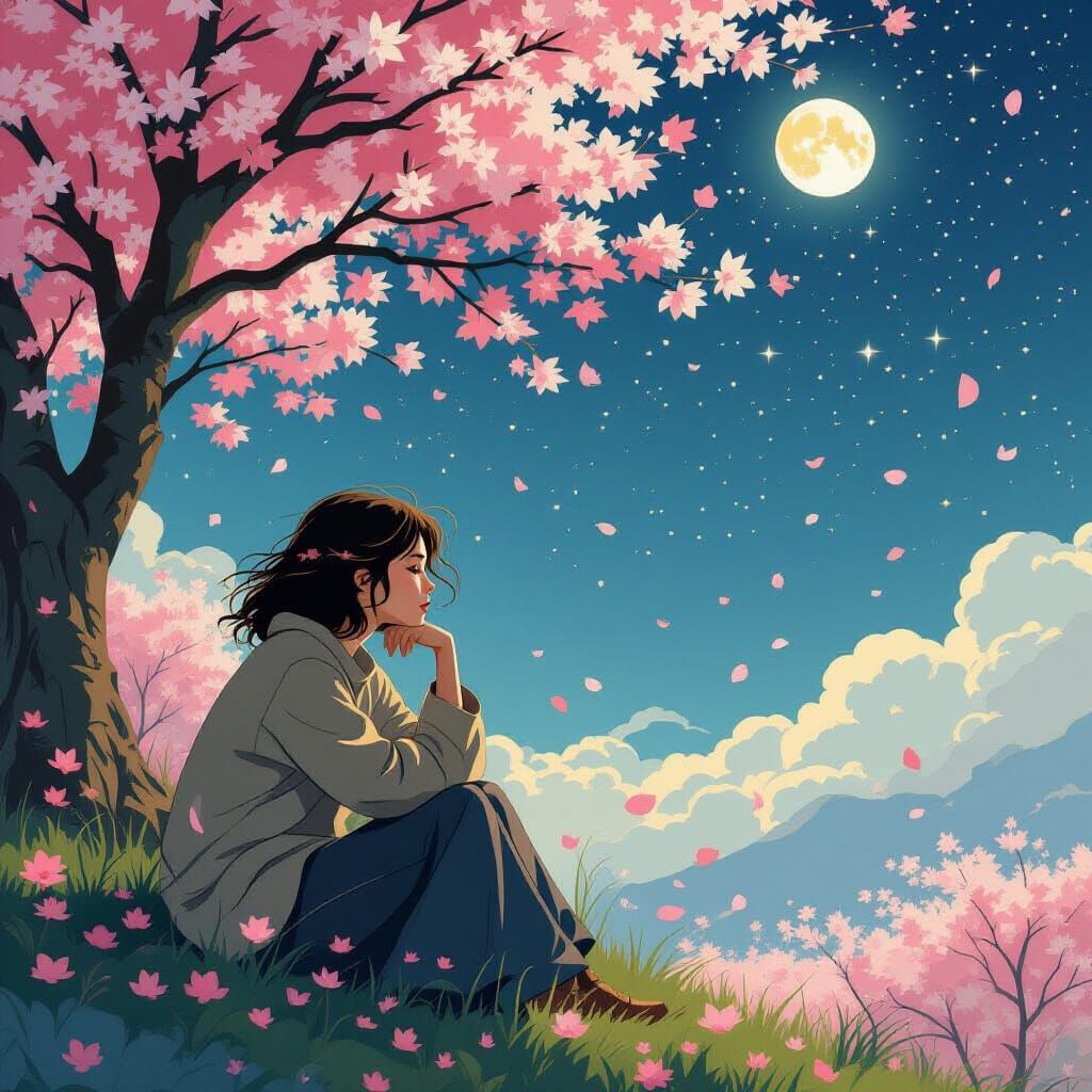 Dreamy Cherry Blossom Night in Art Nouveau Style