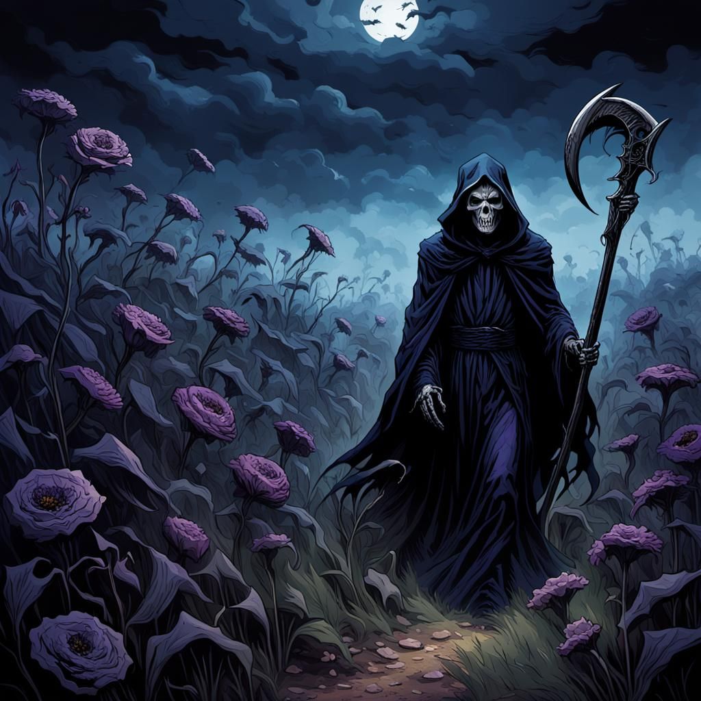 Grim Reaper in Field of Dead Flowers