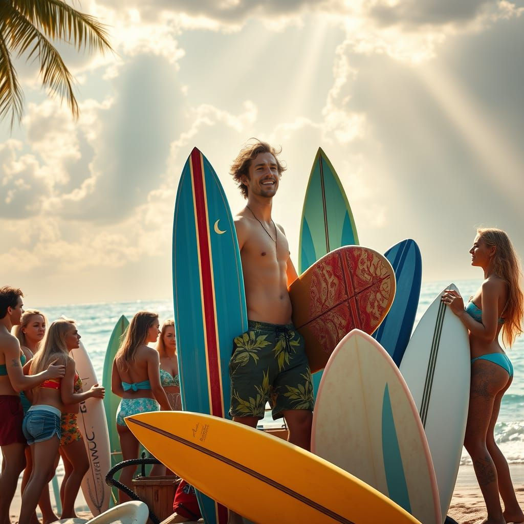Surfer Man Selling Surfboards in a Vibrant Beach Scene
