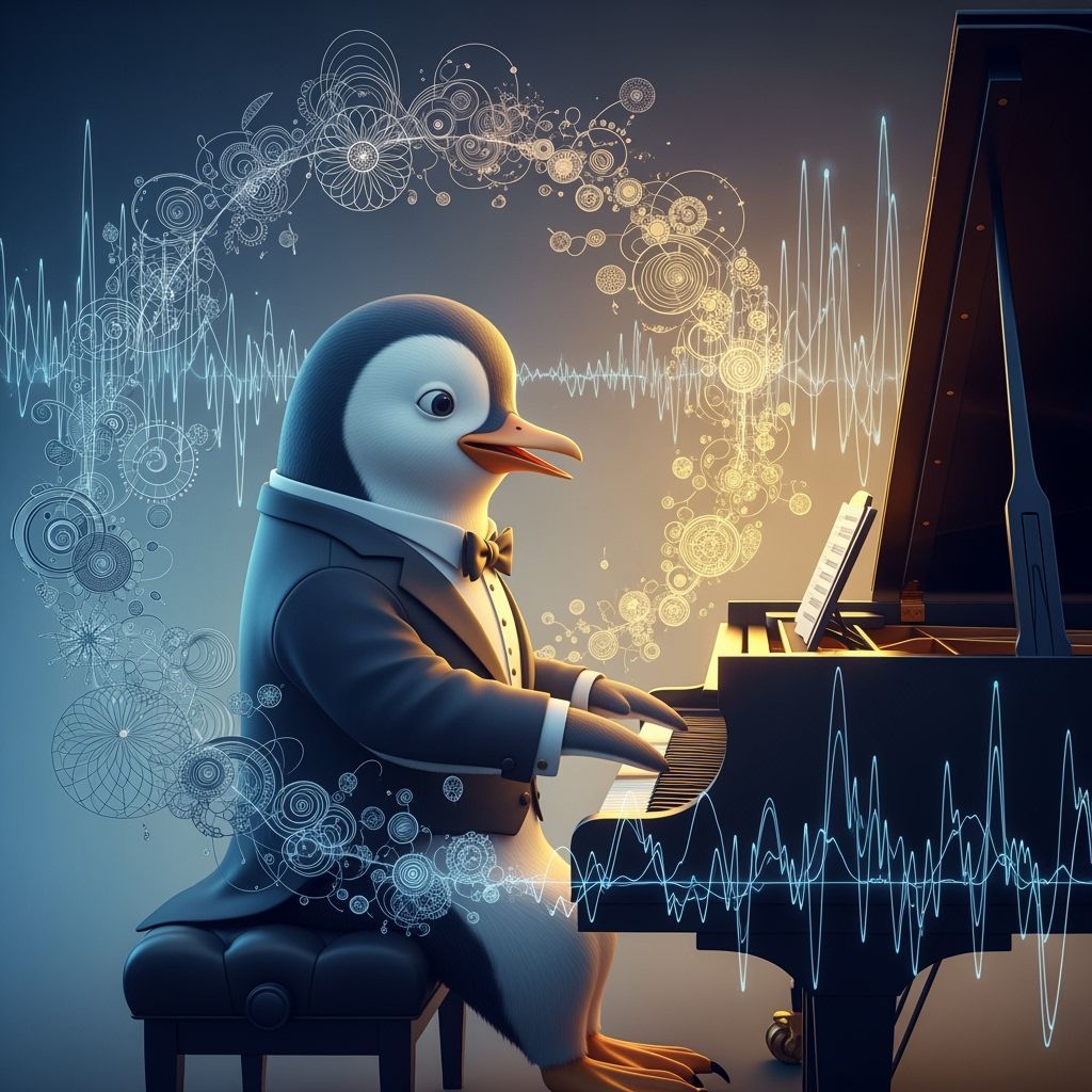 Penguin in Tuxedo Plays Piano with Fractal Background