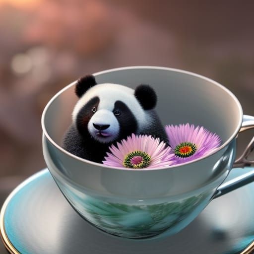 Fluffy panda baby in a tea cup