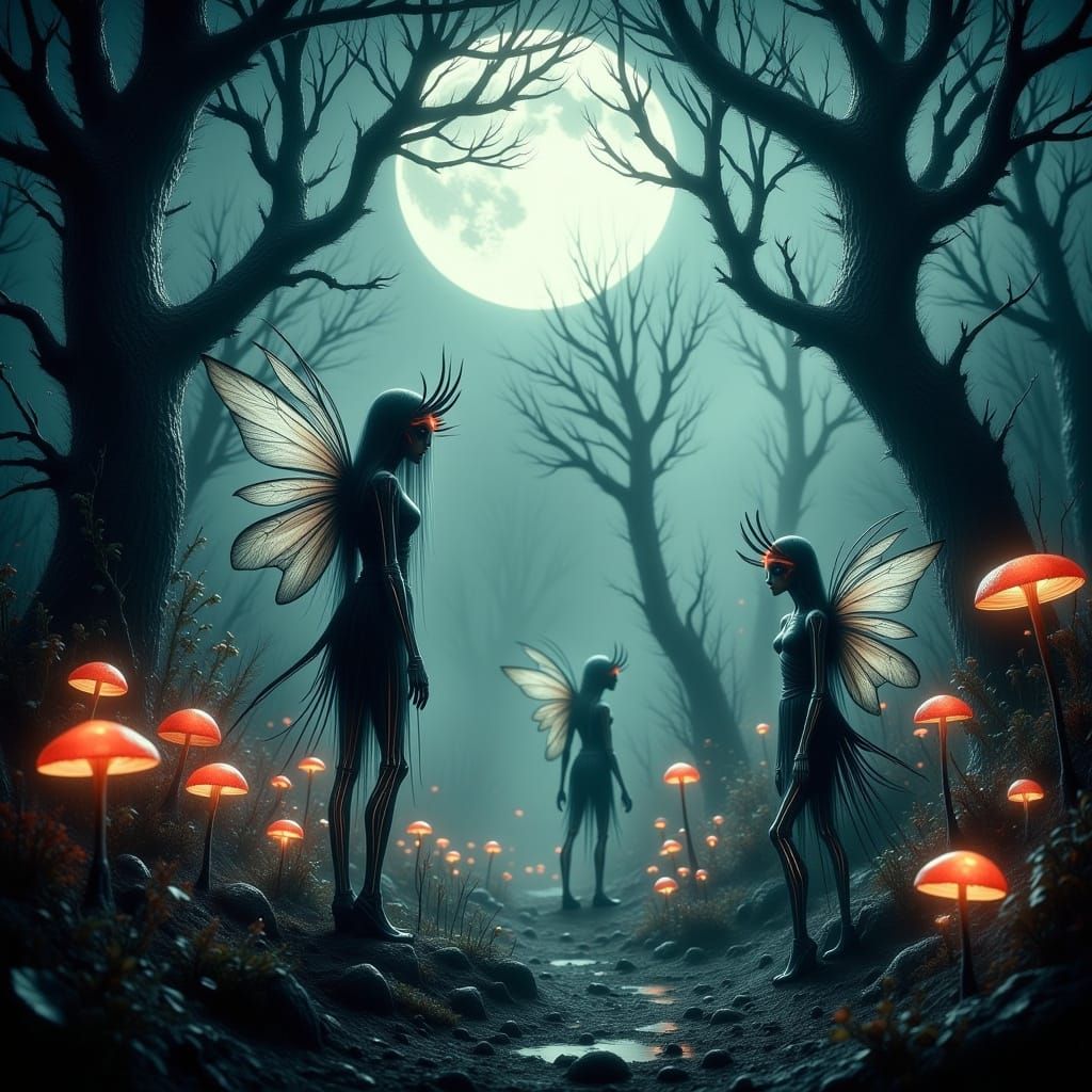Gothic Fairies in Dystopian Forest, Surrealist Image