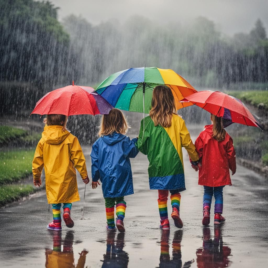 Rainbow Children Playing in the Rain