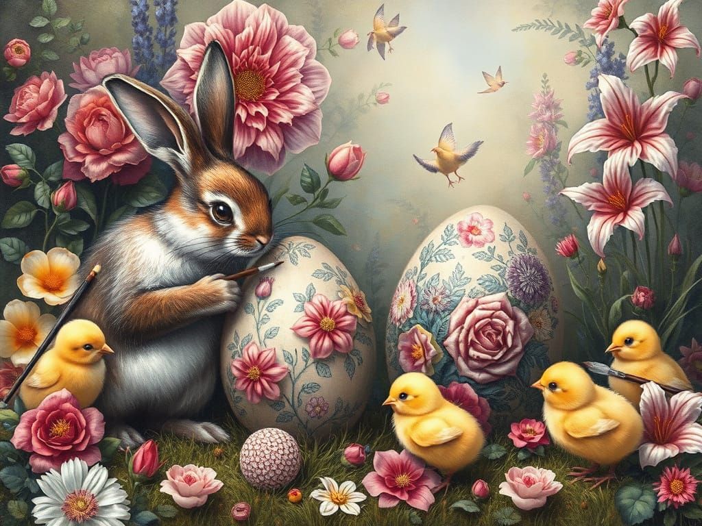 Whimsical Bunnies Paint Easter Eggs in Fairy Tale Landscape