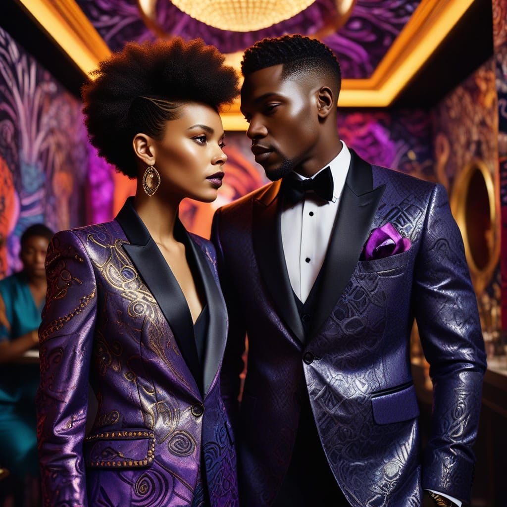 Couple Engaged in Afrofuturist Conversation at Luxurious Aft...