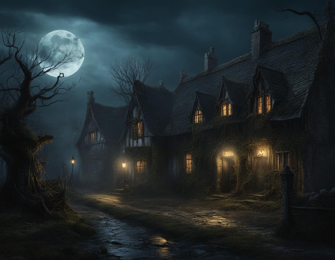 Haunted English Village by Moonlight: Dark Fantasy Art
