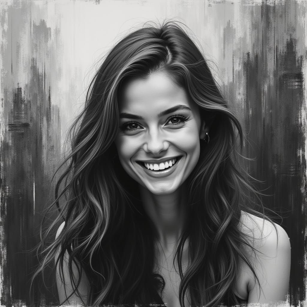 Abstract Charcoal Portrait of Smiling Woman in Urban Style