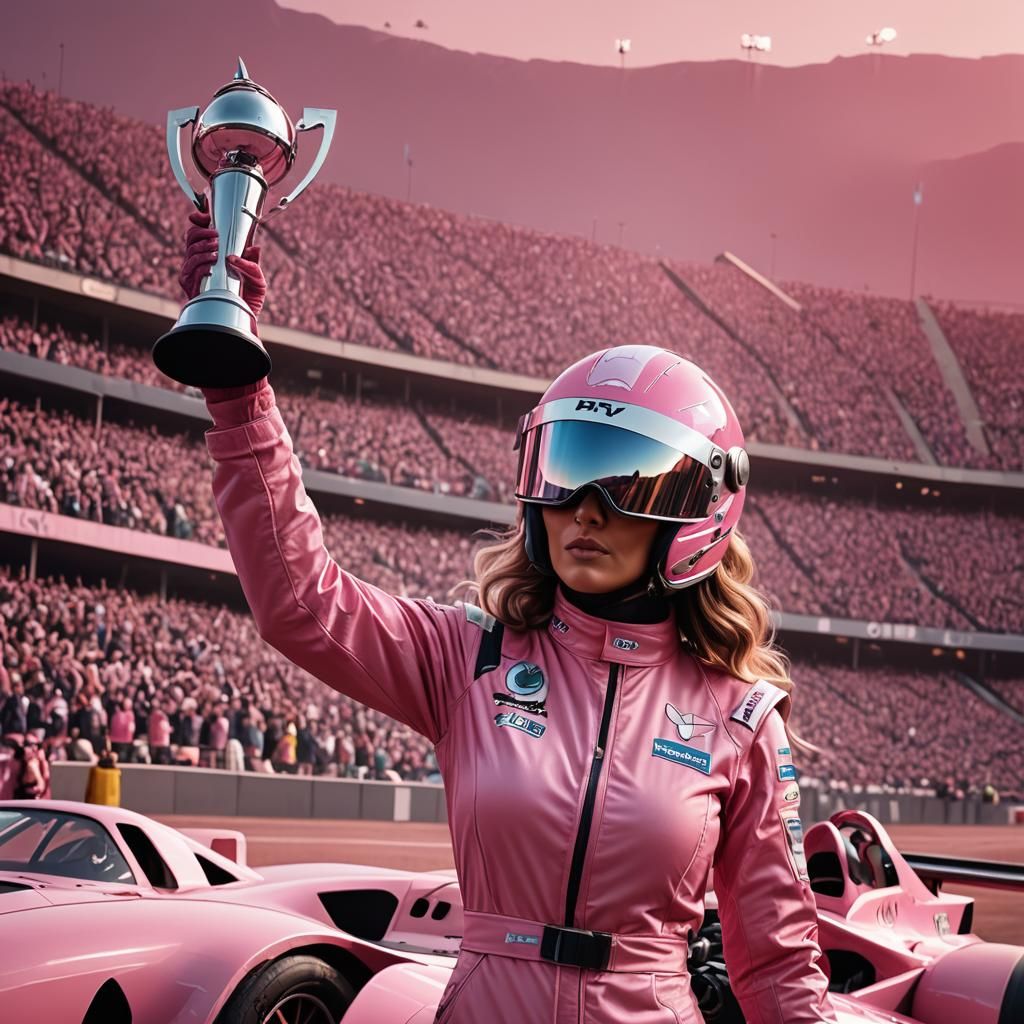Model in Pink Racing Suit with Trophy