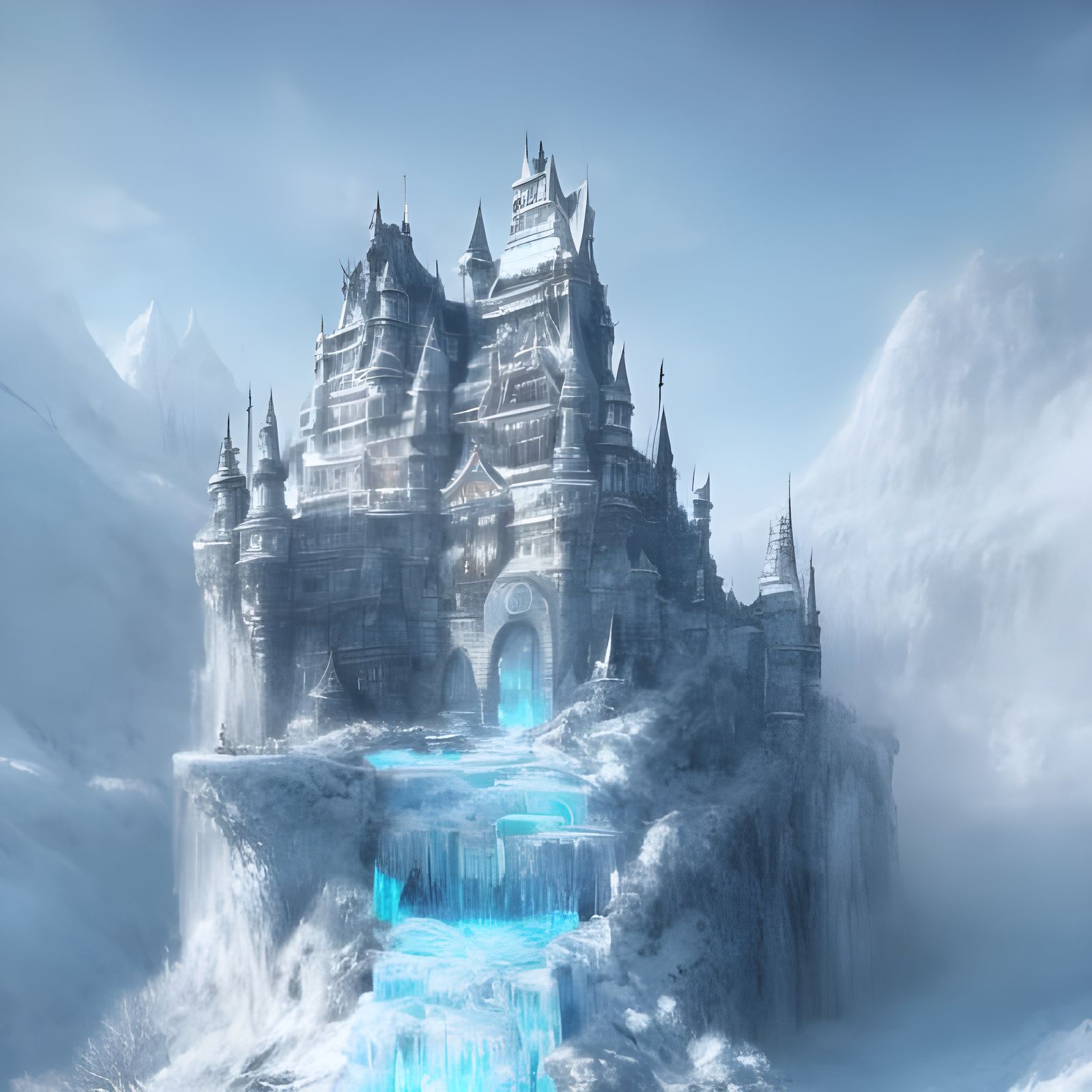 Frozen Castle with Waterfall Cascade in Fantasy Style