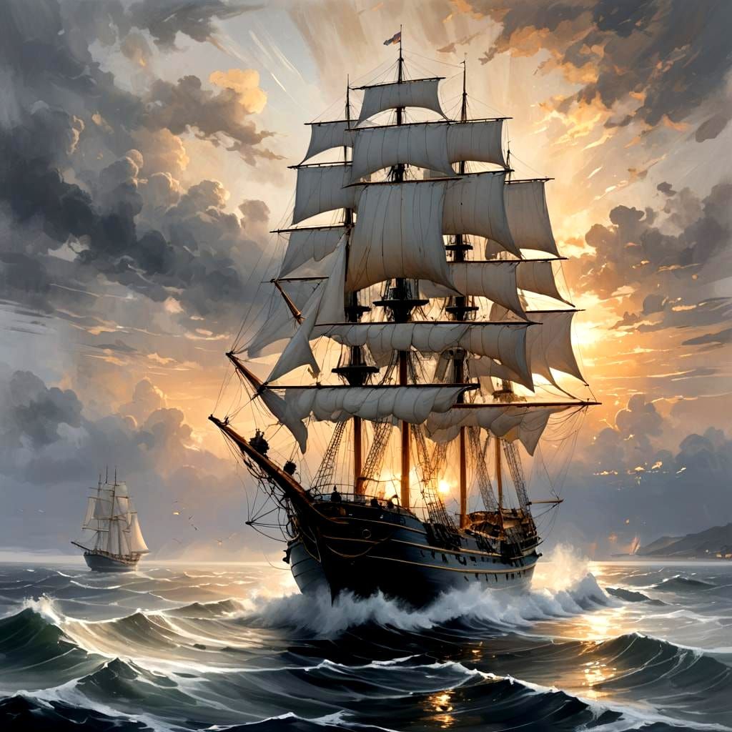 Tall Ship Sailing at Dawn Under Starry Skies