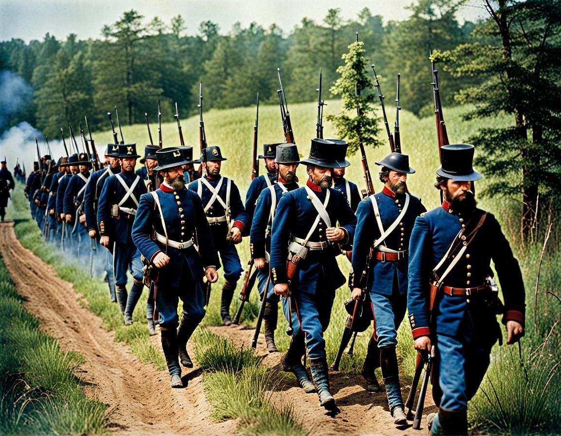 1860s American Civil War : Union Army soldiers progressing towards the enemy