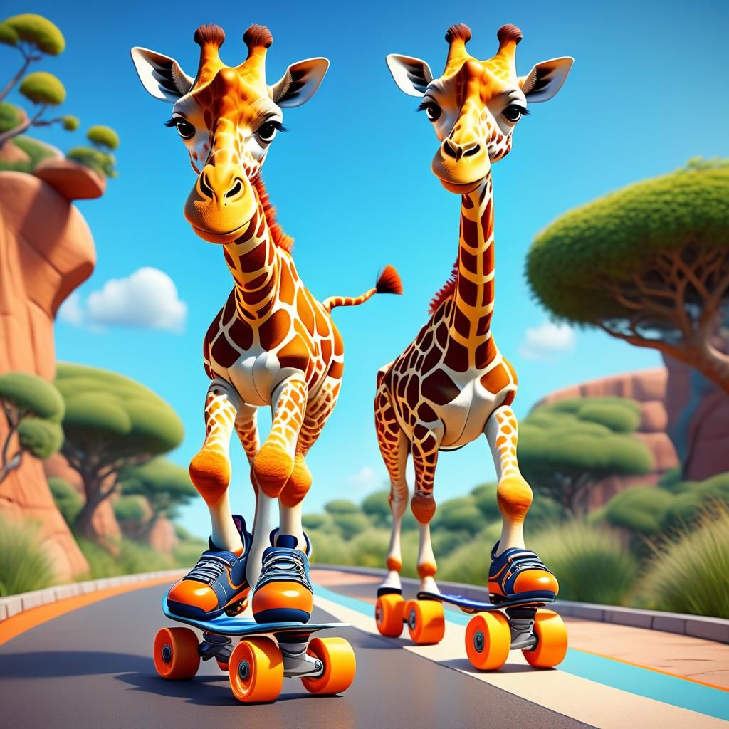 Giraffe Calf Gliding on Inline Skates: Pixar Style
