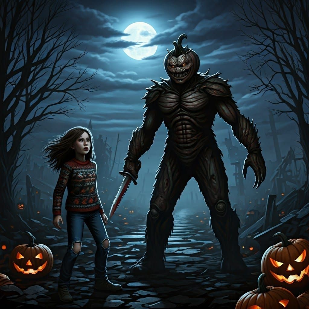 Girl Faces Monster in Halloween Horror Landscape