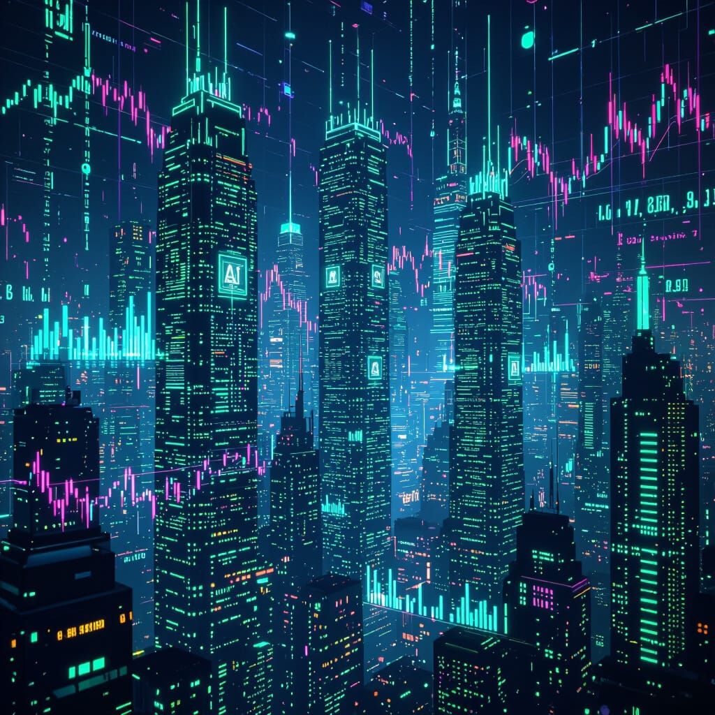 Futuristic Cityscape with Glowing AI Microchips