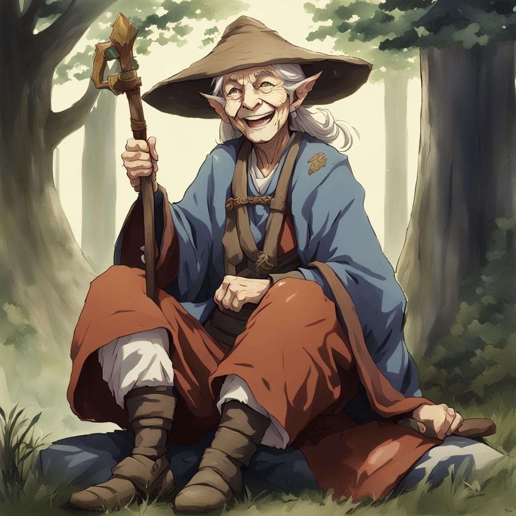 Smiling Firbolg Old Lady in Anime Style