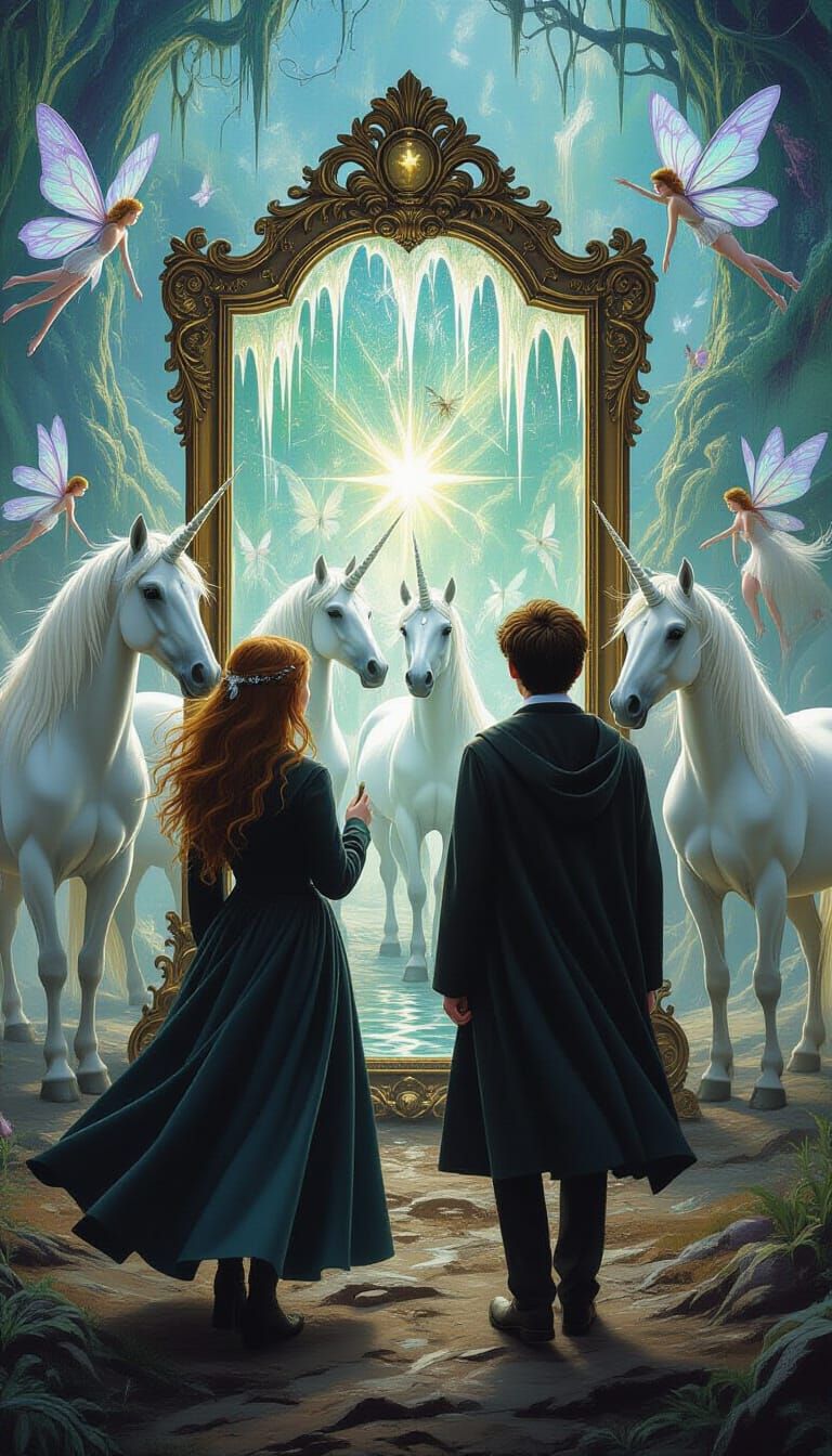 Ginny, Harry, Unicorns and Fairies in Surreal Dreamscape