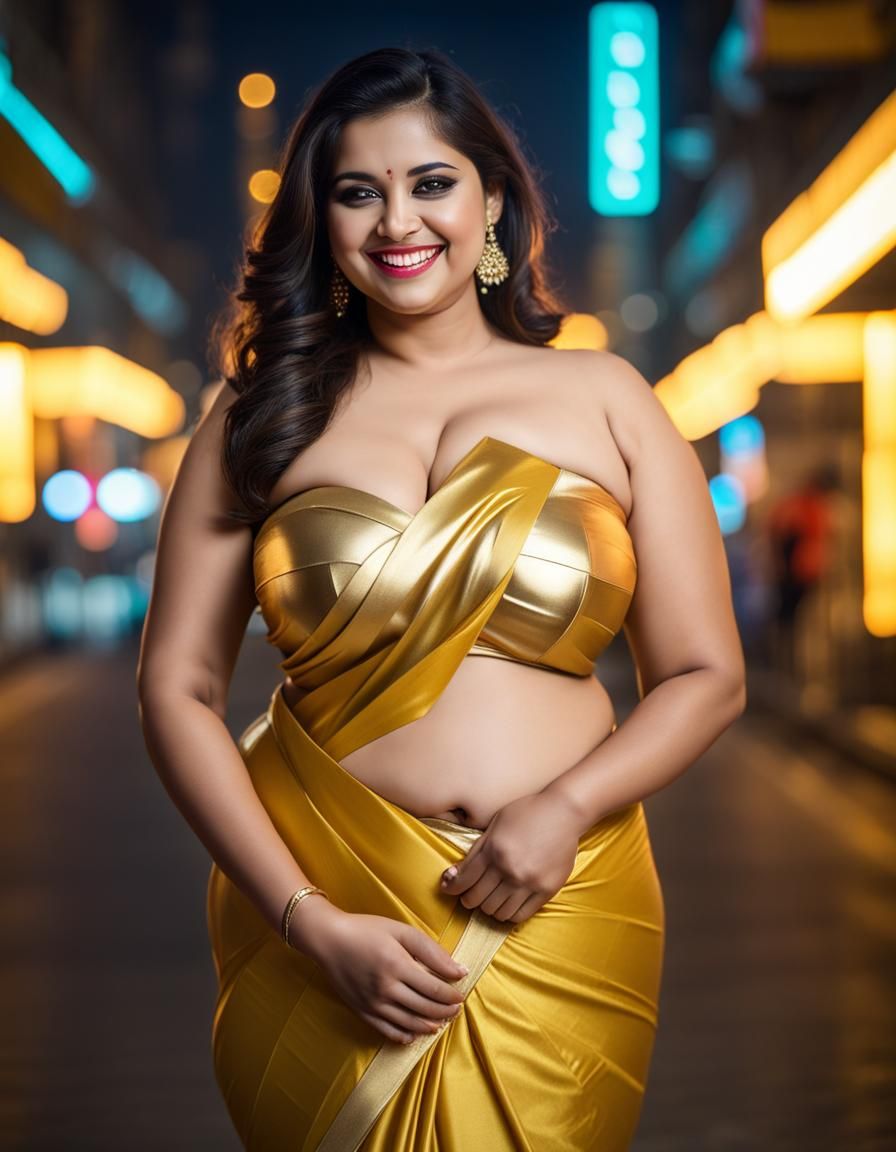 Hyperrealistic Woman in Golden Saree in Neon City