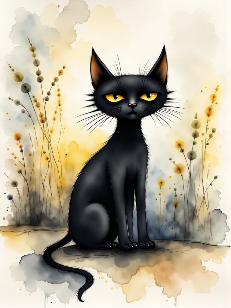 Elegant Black Cat on Beach in Watercolor Splash Art