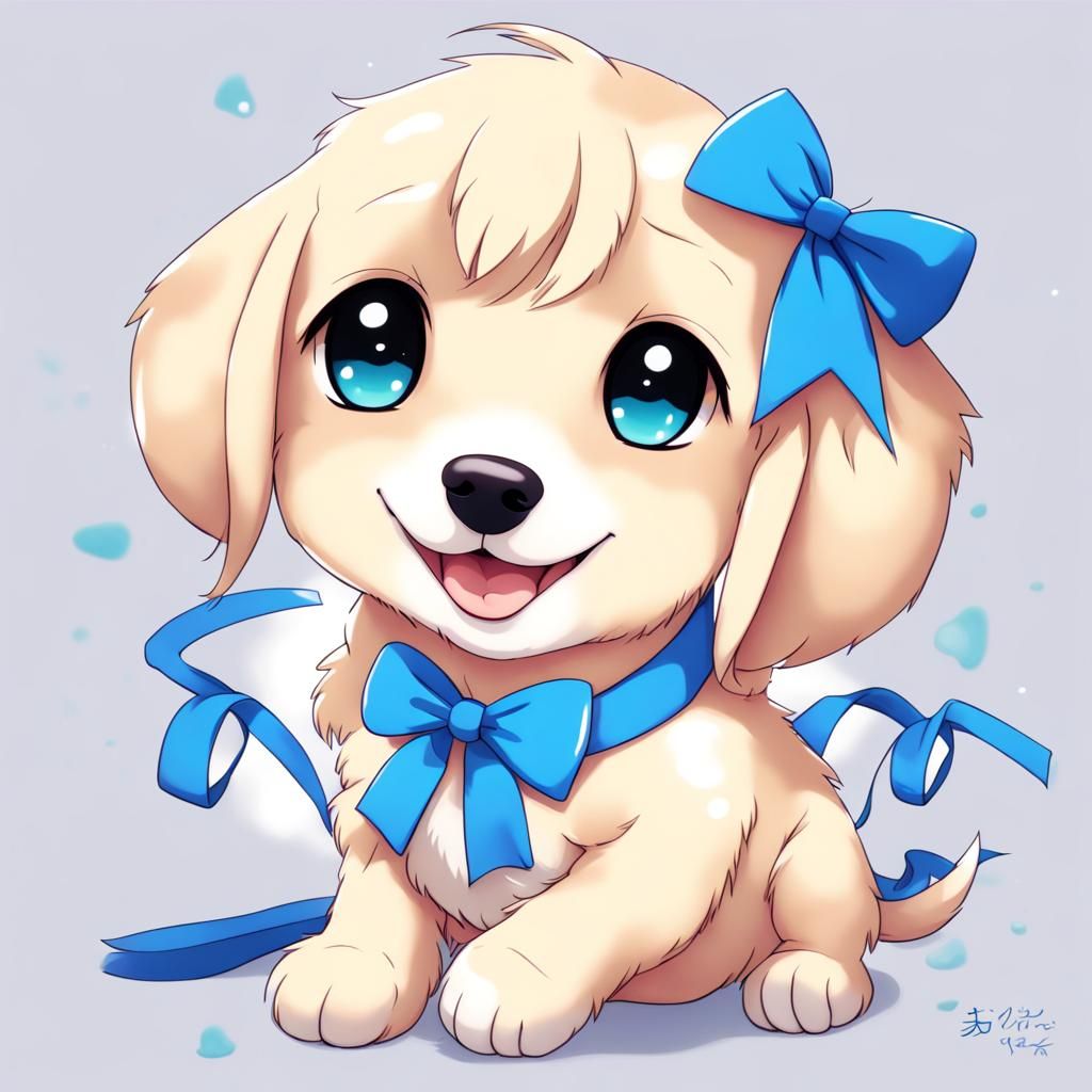 Smiling Puppy with Blue Bow in Anime Style