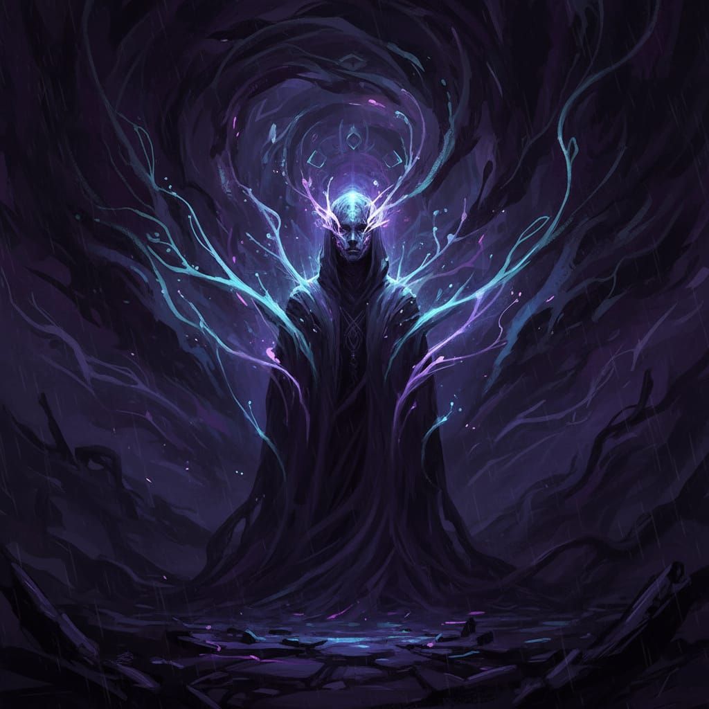 Mystical Figure in Shadows with Glowing Lights