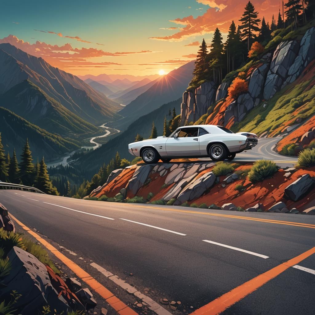 Muscle Car on Mountain Road at Sunset: Digital Art