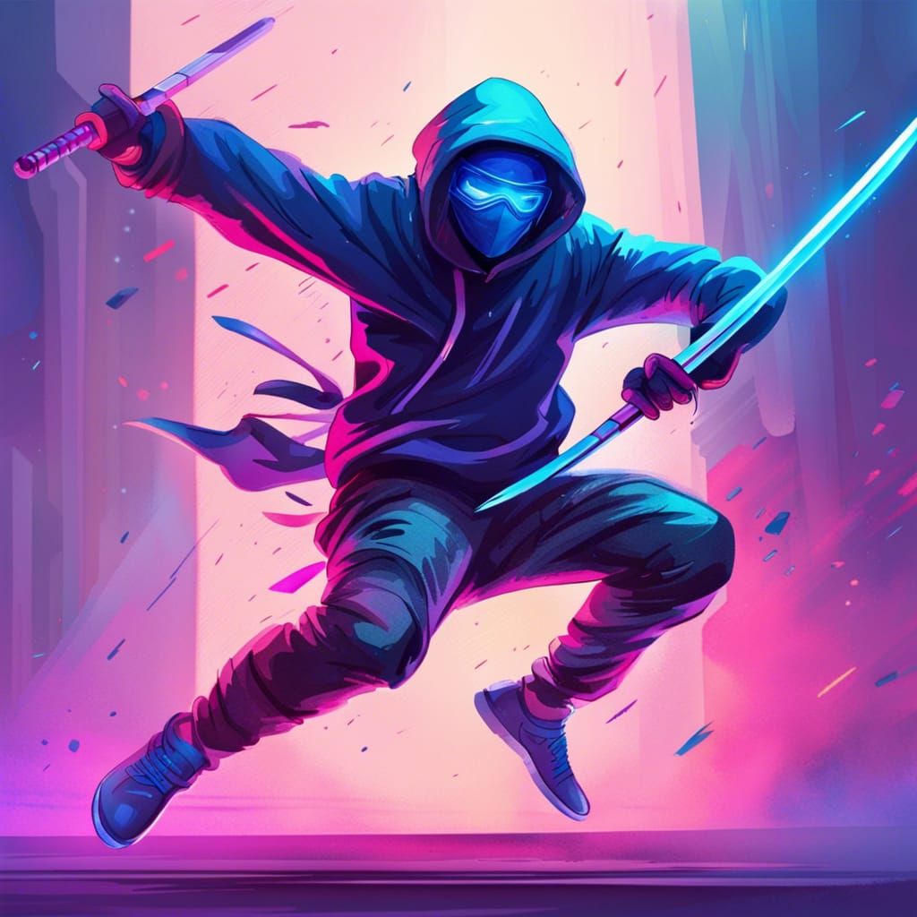 Futuristic Assassin with Luminous Katana in Retro Style